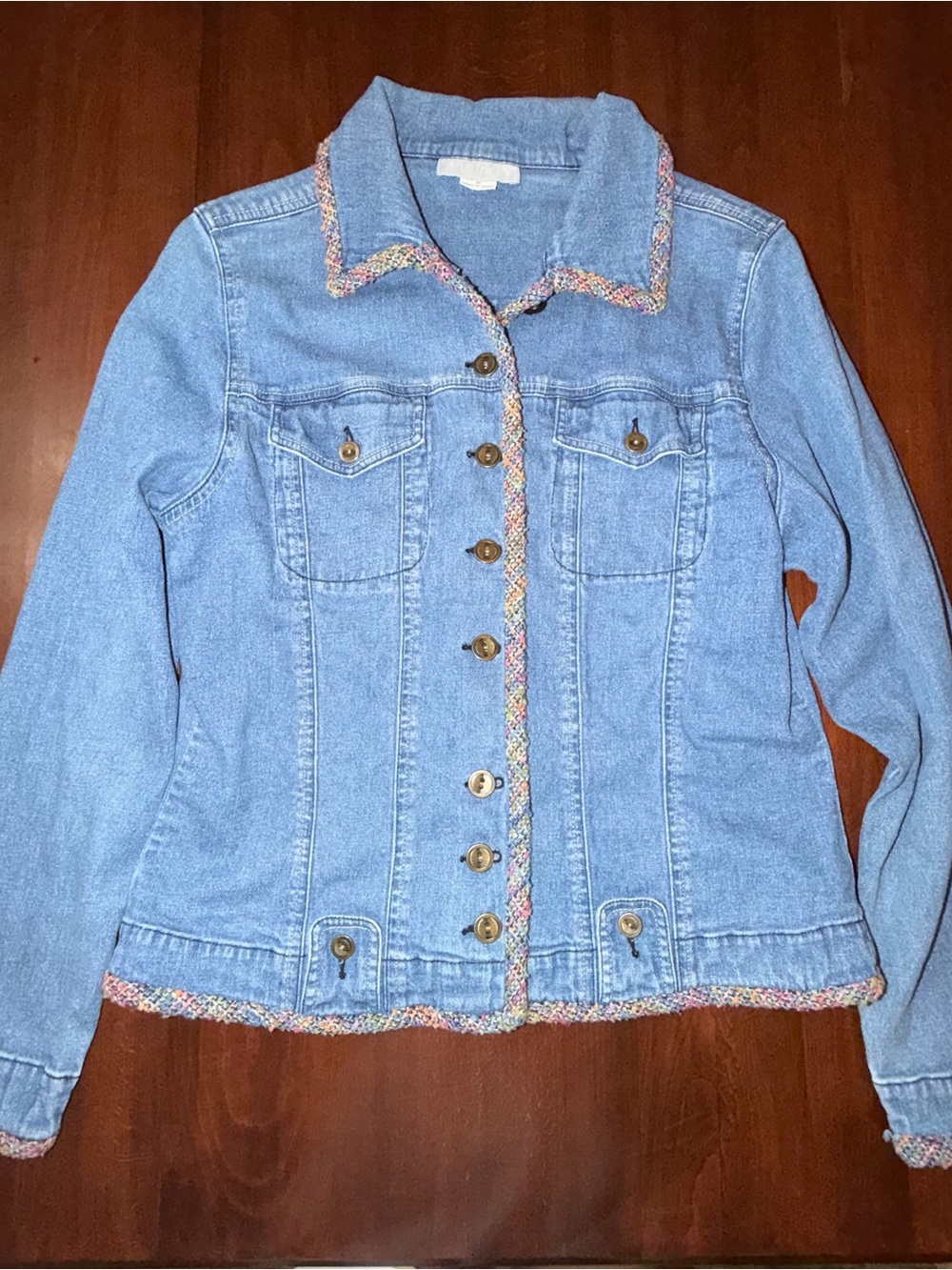 Ann Trinity Denim Jean Jacket Multicolor Tweed Trim Size M